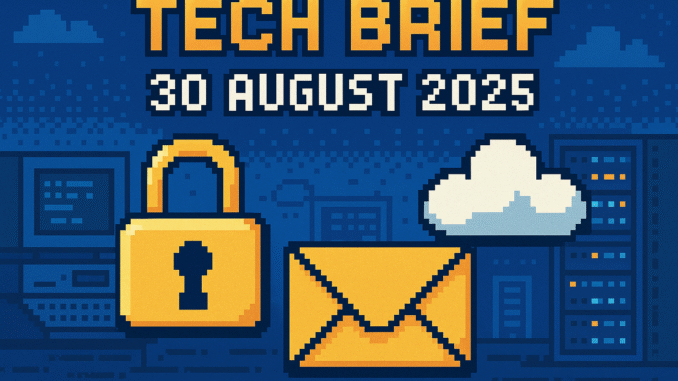 tech-brief-30-august-2025-security-challenges Tech Brief 30 August 2025 pixel art featuring cybersecurity symbols including a padlock, an envelope, and a cloud, with background elements of a teletype and server racks, emphasising ongoing digital security issues.