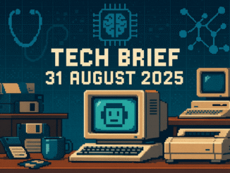 Tech Brief 31 August 2025 in an 8-bit style image presenting a vintage office setting with retro and modern tech elements, and the text prominently displayed.