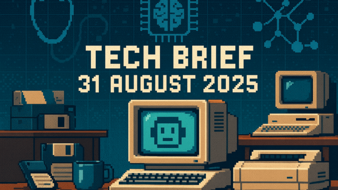 Tech Brief 31 August 2025 in an 8-bit style image presenting a vintage office setting with retro and modern tech elements, and the text prominently displayed.