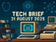 Tech Brief 31 August 2025 in an 8-bit style image presenting a vintage office setting with retro and modern tech elements, and the text prominently displayed.