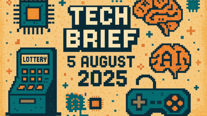 Tech Brief 5 August 2025 in an 8-bit pixel art style, featuring a mix of modern and retro technology symbols like microchips and vintage game controllers in a colorful, retro-futuristic setting.