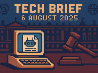Tech Brief 6 August 2025 pixel art depicting a retro computer, a gavel, scales, and parliament backdrop, showcasing themes of AI applications and online policy debates.