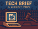 Tech Brief 6 August 2025 pixel art depicting a retro computer, a gavel, scales, and parliament backdrop, showcasing themes of AI applications and online policy debates.
