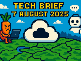 Tech Brief 7 August 2025, an 8-bit pixel art image showing a cloud symbol over a digital landscape of West Midlands, a vegetable accessing a laptop, and a chatbot; signify modern cyber issues and AI's roles.