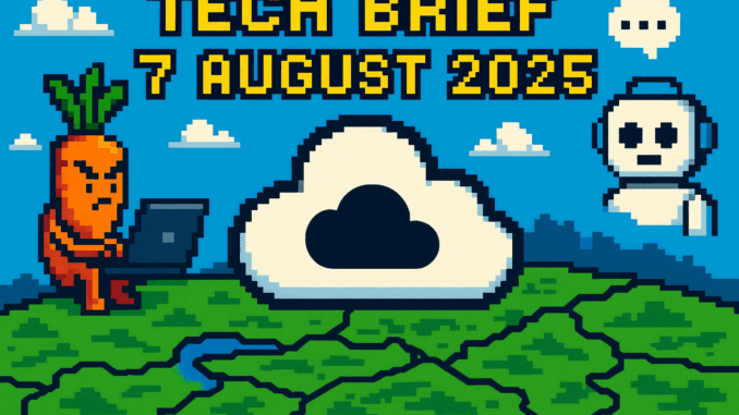 Tech Brief 7 August 2025, an 8-bit pixel art image showing a cloud symbol over a digital landscape of West Midlands, a vegetable accessing a laptop, and a chatbot; signify modern cyber issues and AI's roles.