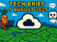 Tech Brief 7 August 2025, an 8-bit pixel art image showing a cloud symbol over a digital landscape of West Midlands, a vegetable accessing a laptop, and a chatbot; signify modern cyber issues and AI's roles.