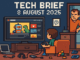 Tech Brief 8 August 2025 shows an 8-bit pixel art depiction of a family living room with a large YouTube screen, various gadgets, and a concerned parent, emphasising today’s digital family dynamics.