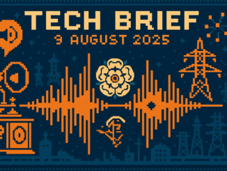 Tech Brief 9 August 2025 featuring an 8-bit pixel art image of a stylised speech waveform with symbols from Yorkshire and elements of Victorian telegraphy and modern smart grids in the background