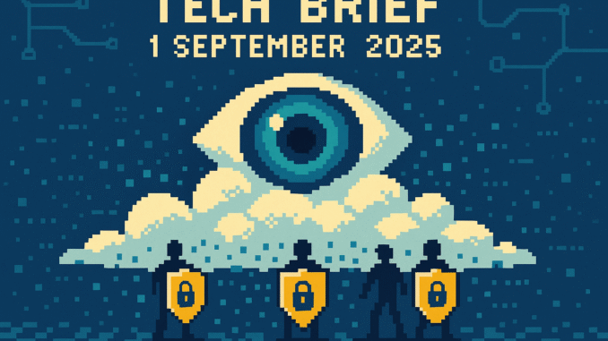Tech Brief 1 September 2025 shows a large digital eye overlooking structures symbolising clouds while small pixel figures defend their privacy with shields, set against a background of minimalist internet cables and digital nodes.