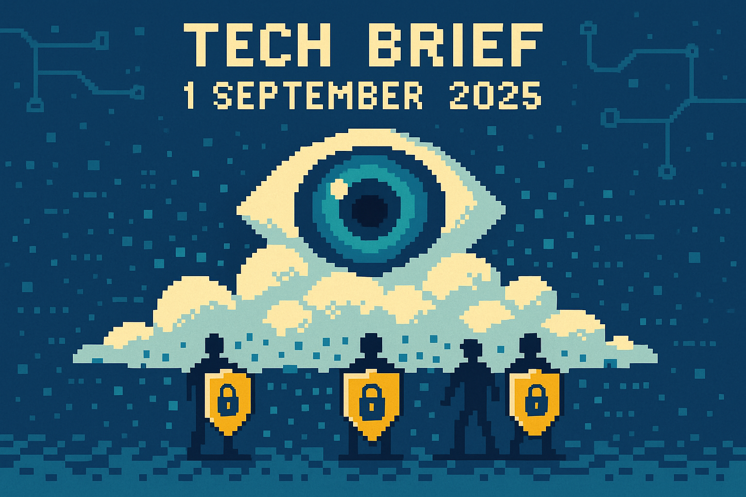 Tech Brief 1 September 2025 shows a large digital eye overlooking structures symbolising clouds while small pixel figures defend their privacy with shields, set against a background of minimalist internet cables and digital nodes.