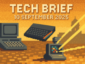 Tech Brief 10 September 2025 featuring an 8-bit pixel art landscape with a modern optical computer in the foreground and retro computing elements in the background, highlighting technological evolution.