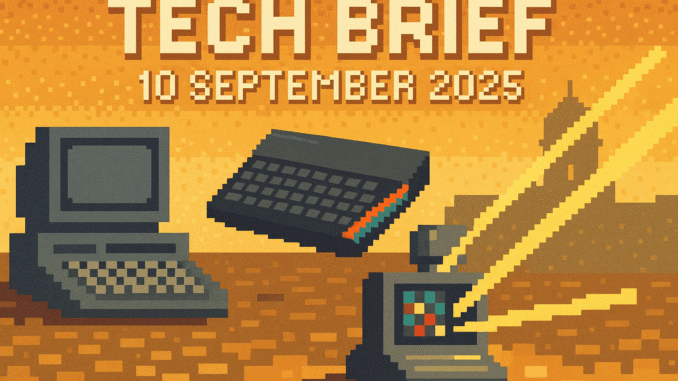 Tech Brief 10 September 2025 featuring an 8-bit pixel art landscape with a modern optical computer in the foreground and retro computing elements in the background, highlighting technological evolution.