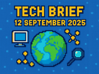 Tech Brief 12 September 2025 in pixel art style featuring a central text with a surrounding mini globe, computers, and network symbols in vibrant colours