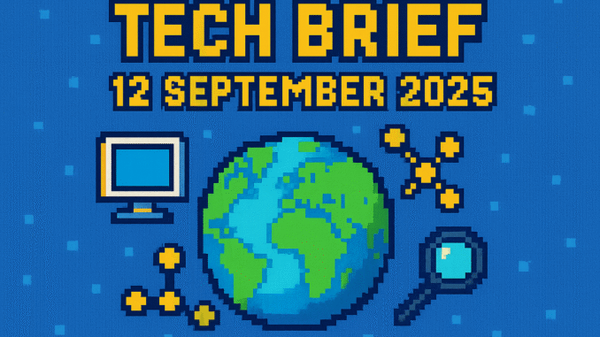 Tech Brief 12 September 2025 in pixel art style featuring a central text with a surrounding mini globe, computers, and network symbols in vibrant colours
