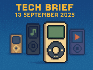 Tech Brief 13 September 2025 features an 8-bit pixel art depiction of various MP3 players highlighting the evolution from classic to modern devices, emphasising a shift back to traditional music listening habits.