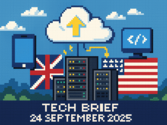 Tech Brief 24 September 2025 featuring an 8-bit pixel art depiction of cloud computing and data centres symbolising UK-US tech collaboration in a vibrant, retro style.