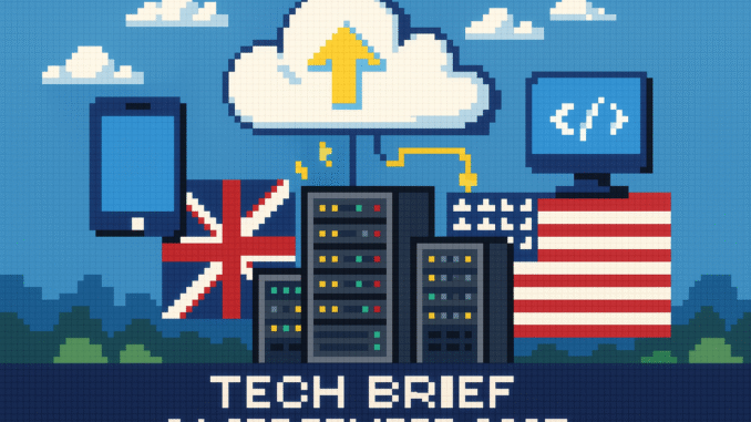 Tech Brief 24 September 2025 featuring an 8-bit pixel art depiction of cloud computing and data centres symbolising UK-US tech collaboration in a vibrant, retro style.