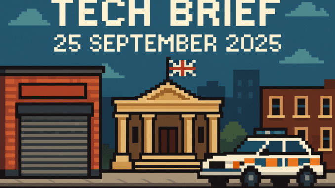 Tech Brief 25 September 2025 shows an 8-bit pixel art representing a shuttered store, a courthouse, and a police car on a British street, highlighting major themes of retail, legislation, and crime related to technology.