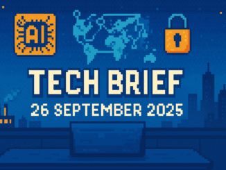 Tech Brief 26 September 2025 depicted in 8-bit pixel art showing a tech newsroom with AI icons, cybersecurity padlocks, and a network map, embodying a retro and digital news digest theme