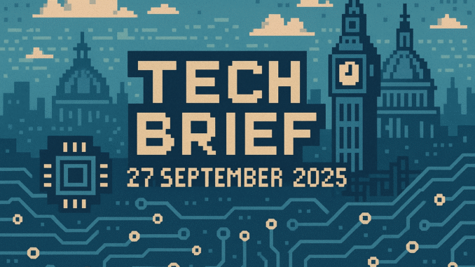 Tech Brief 27 September 2025 pixel art image depicting a retro-themed tech news digest with elements like a silicon chip and network lines, complemented by British landmarks in the background.