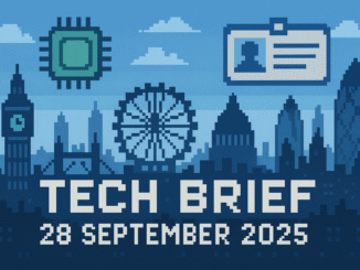 Tech Brief 28 September 2025 illustrated in 8-bit pixel art, featuring London’s skyline, a microchip, and digital ID card, symbolizing tech updates and digital identity.