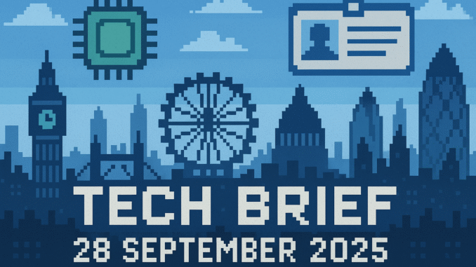 Tech Brief 28 September 2025 illustrated in 8-bit pixel art, featuring London’s skyline, a microchip, and digital ID card, symbolizing tech updates and digital identity.