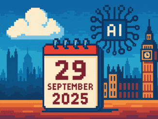 Tech Brief 29 September 2025 shows an 8-bit pixel art image featuring a calendar marked 29 September 2025 with motifs of cloud computing, AI-circuit patterns, and subtle UK landmarks in the background.
