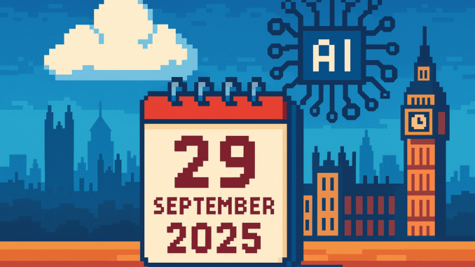 Tech Brief 29 September 2025 shows an 8-bit pixel art image featuring a calendar marked 29 September 2025 with motifs of cloud computing, AI-circuit patterns, and subtle UK landmarks in the background.