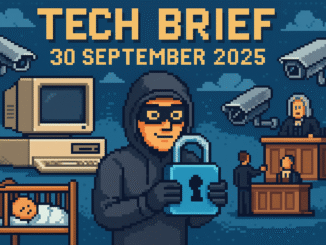 Tech Brief 30 September 2025 features an 8-bit pixel art landscape depicting a cyber thief with a digital padlock, dated computer, CCTV cameras, nursery, and courtroom, symbolising the evolution and threat of digital technology.