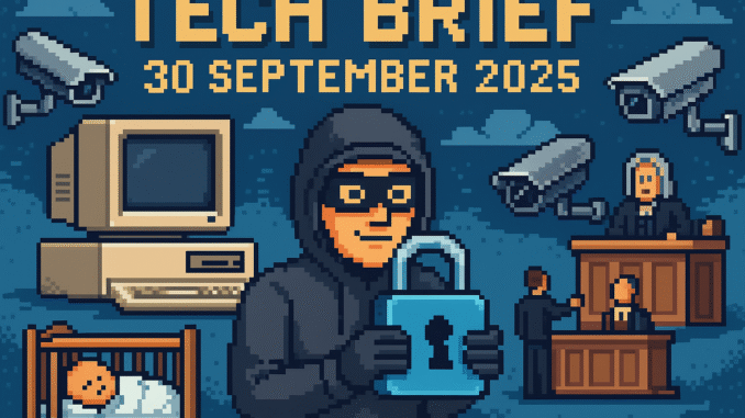 Tech Brief 30 September 2025 features an 8-bit pixel art landscape depicting a cyber thief with a digital padlock, dated computer, CCTV cameras, nursery, and courtroom, symbolising the evolution and threat of digital technology.