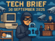 Tech Brief 30 September 2025 features an 8-bit pixel art landscape depicting a cyber thief with a digital padlock, dated computer, CCTV cameras, nursery, and courtroom, symbolising the evolution and threat of digital technology.