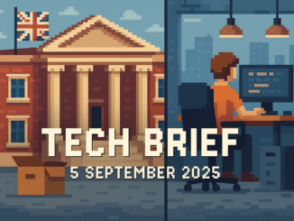 Tech Brief 5 September 2025 featuring a dual-themed 8-bit pixel art image of an old classical building and modern tech office, symbolising British tech's past and future.