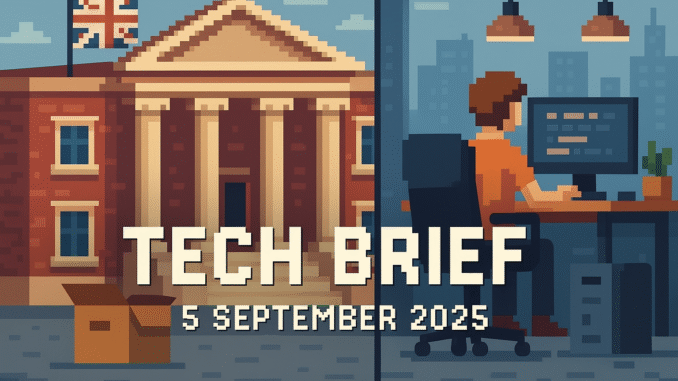 Tech Brief 5 September 2025 featuring a dual-themed 8-bit pixel art image of an old classical building and modern tech office, symbolising British tech's past and future.
