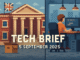 Tech Brief 5 September 2025 featuring a dual-themed 8-bit pixel art image of an old classical building and modern tech office, symbolising British tech's past and future.
