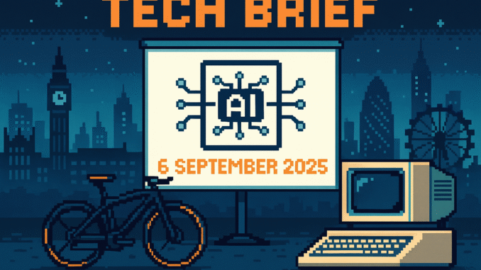 Tech Brief 6 September 2025 landscape image with pixel art showing an AI interface, a fast e-bike, a retro computer, and London skyline, underlining the merger of old and new technology in daily news digest.