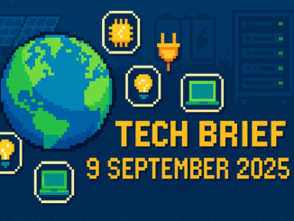 Tech Brief 9 September 2025 pixel art featuring a digital globe surrounded by technology icons, with solar panels, batteries, and a server rack in the background, all in a retro video game style