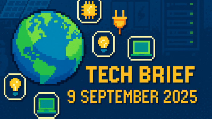 Tech Brief 9 September 2025 pixel art featuring a digital globe surrounded by technology icons, with solar panels, batteries, and a server rack in the background, all in a retro video game style