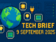Tech Brief 9 September 2025 pixel art featuring a digital globe surrounded by technology icons, with solar panels, batteries, and a server rack in the background, all in a retro video game style