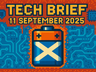 Tech Brief 11 September 2025 in an 8-bit pixel art style featuring a central large old-school battery symbolising Scottish battery technology, with a background shield representing cyber security and a computer chip for digital technology, illustrating technological evolution.