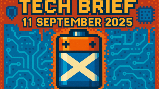 Tech Brief 11 September 2025 in an 8-bit pixel art style featuring a central large old-school battery symbolising Scottish battery technology, with a background shield representing cyber security and a computer chip for digital technology, illustrating technological evolution.