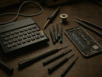 Planned obsolescence depicted through a vintage ZX Spectrum on a workshop table, easily repairable, opposite a modern iPhone, complex and hard to repair, with tools scattered around.
