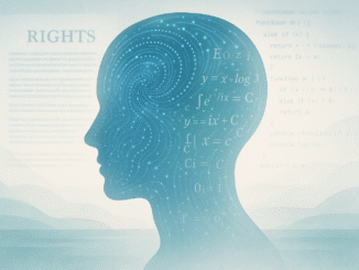 Right to Be Forgotten depicted through a digital human silhouette filled with patterns and formulas, with background elements of legal documents and computer code, illustrating the depth of digital identity intertwined with AI.
