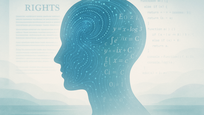 Right to Be Forgotten depicted through a digital human silhouette filled with patterns and formulas, with background elements of legal documents and computer code, illustrating the depth of digital identity intertwined with AI.