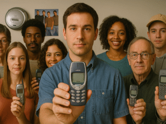Ringtone era visualization with a diverse group of people holding classic mobile phones from the early 2000s, prominently featuring a Nokia phone, surrounded by subtle hints of early 2000s culture like CD players and mix tapes.