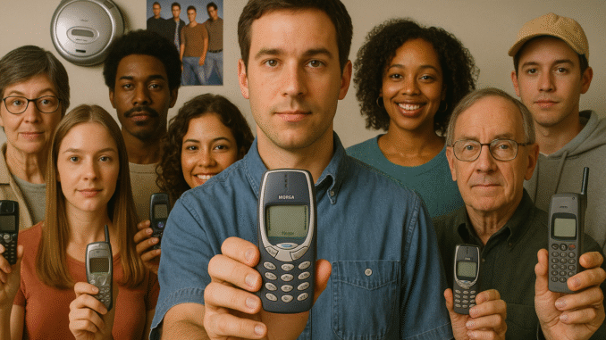 Ringtone era visualization with a diverse group of people holding classic mobile phones from the early 2000s, prominently featuring a Nokia phone, surrounded by subtle hints of early 2000s culture like CD players and mix tapes.