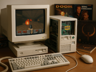 Sound Blaster PC audio wars emphasised by a 1990s PC setup with a visible Sound Blaster card, alongside a CRT monitor showing a game, surrounded by vintage game boxes and manuals.