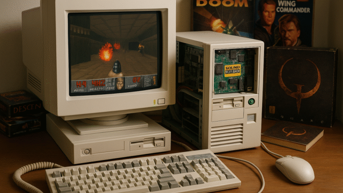 Sound Blaster PC audio wars emphasised by a 1990s PC setup with a visible Sound Blaster card, alongside a CRT monitor showing a game, surrounded by vintage game boxes and manuals.
