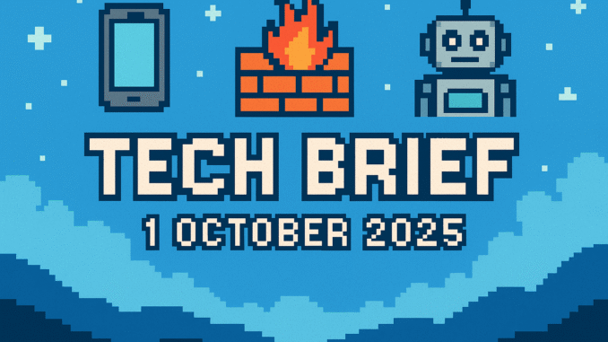 Tech Brief 1 October 2025 pixel art featuring digital symbols such as a smartphone, firewall, and robot with the headline prominently displayed in a pixelated font.