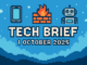 Tech Brief 1 October 2025 pixel art featuring digital symbols such as a smartphone, firewall, and robot with the headline prominently displayed in a pixelated font.