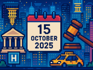 Tech Brief 15 October 2025 depicts an 8-bit pixel art scene of a digital cityscape with a central calendar marked 15 October 2025, featuring surrounding symbols of a quantum computer, a digital hospital, and robotic taxi to represent technological innovation and policy challenges.